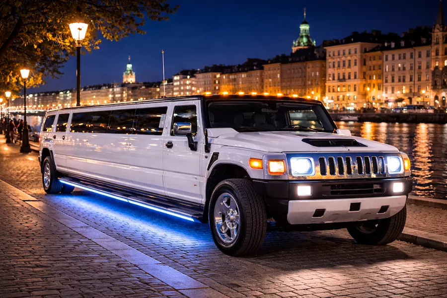 Hummerlimousin i Stockholm upplyst kvällstid – vit stretch-Hummer med blå underbelysning parkerad vid vattnet i stadens nattljus.